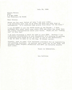 Correspondence from Lou Sullivan to Gloria Peters (July 28, 1986)