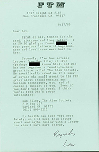 Letter from Lou Sullivan to Bet Power (August 17, 1989)