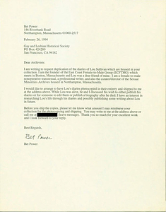 Letter from Bet Power to Archivists of the Gay and Lesbian Historical Society (February 26, 1994)