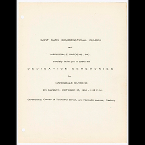 Booklet for dedication ceremonies for Marksdale Gardens on October 27, 1963