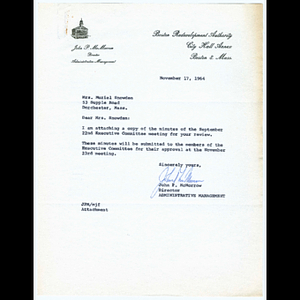 Letter from John P. McMorrow to Mrs. Muriel Snowden about minutes from Executive Committee meeting of the Citizens Advisory Committee on September 22, 1964 and minutes from Citizens Advisory Committee executive meeting on September 22, 1964
