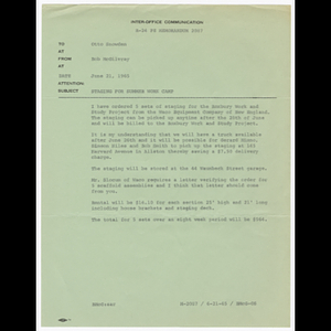 Memorandum from Bob McGilvray to Otto Snowden about staging for summer work camp