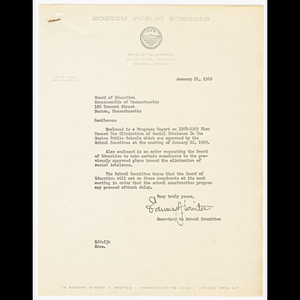 Letter from Edward Winter to the Massachusetts Board of Education about progress report for 1968-1969 plan to eliminate racial imbalance in schools, report attached