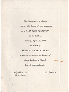 Invitation to Farewell Reception for Rev. John F. Silva