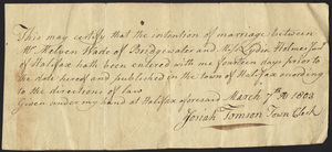 Marriage Intention of Melvin Wade of Bridgewater, Massachusetts and Lydia Holmes, 1803