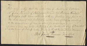 Marriage Intention of John Harris of Bridgewater, Massachusetts and Rebecca Woods, 1811