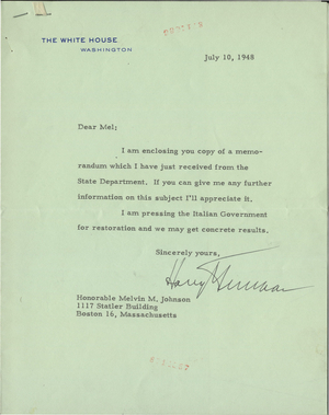 Letter from President Harry S. Truman to Melvin M. Johnson, 1948 July 10