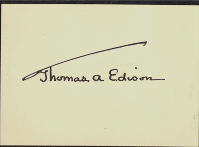 Calling card of Mrs. Thomas A. Edison signed by Thomas Edison, approximately 1886-1931