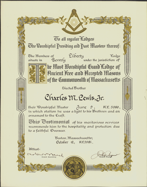 Worshipful Master certificate for Charles M. Lewis, Jr.
