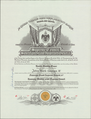 Honorary 33° certificate issued to John Mark Gourgas, IV