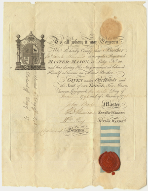 Master Mason certificate issued by Ancient Royal Arch Chapter Lodge, No. 31, to John Clark Howard, 1796 June 6