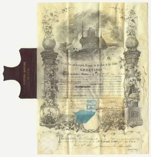 Master Mason certificate issued by Howard Lodge, No. 35, to Western Bascome, 1865 January 20
