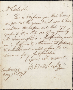 Letter from Benjamin Waterhouse to David Carlisle