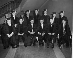 Honorary degree recipients US Senator John F. Kennedy, US Senator Leverett Saltonstall, and US Senator Sam Ervin at the 1957 Suffolk University commencement
