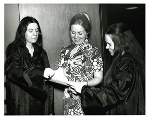 Professor Judith Dushku (CAS) with two female students at Suffolk University's Gold Key Induction ceremony, 1972