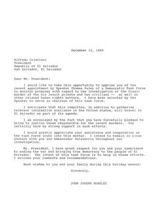Letter from Congressman John Joseph Moakley to Alfredo Cristiani, President of El Salvador, regarding the creation of a congressional task force to investigate the Jesuit murders and other human rights matters