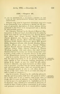 1791 Chap. 0049 An Act To Incorporate & Establish A Society By The Name Of The Massachusetts Society For Promoting Agriculture.