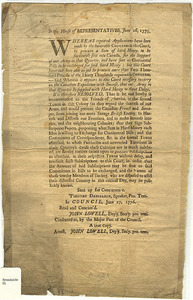 In the House of Representatives, June 26, 1776 : Whereas repeated Applications have been made by the honorable congress to this Court. to procure a Sum of hard Money, to be forth with sent to Canada, for the Support of our Army...