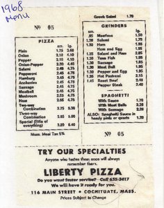 First menu and prices at Liberty's in 1968