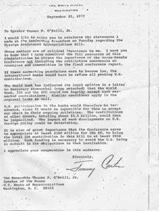 Letter to Thomas P. O'Neill, Jr., from Jimmy Carter, White House, regarding Foreign Assistance Appropriations Bill