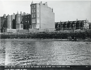 South bank of the Charles River between Gloucester Street and Hereford Street, from boat