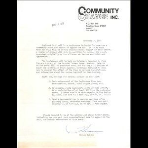 Letter, Community Change, Inc., November 6, 1978.