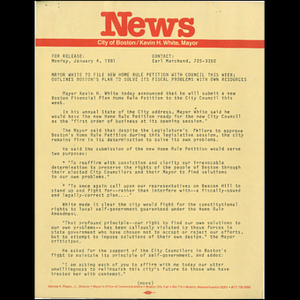 Mayor White to file new home rule petition with council this week; outlines Boston's plan to solve its fiscal problems with own resources.