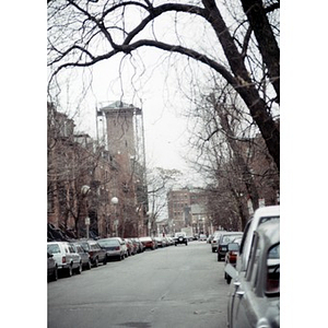 View down the street looking towards the tower of the former Shawmut Congregational Church.