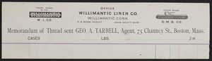 Memorandum for the Willimantic Linen Co. and Gold Medal Braid Co., 75 Chauncy Street, Boston, Mass., 1800s