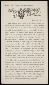 Bearings, The Cycling Authority of America, Paris, France, April 2, 1896