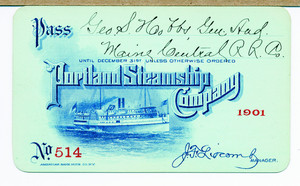 Pass for the Portland Steamship Company, Portland, Maine, 1901