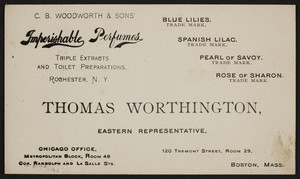Trade card for C.B. Woodworth & Sons' Imperishable Perfumes, Rochester, New York, undated