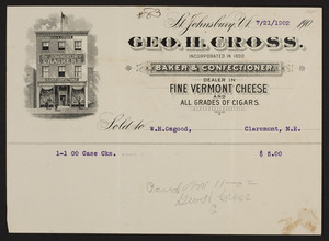 Billhead for Geo. H. Cross., baker & confectioner, Saint Johnsbury, Vermont, dated July 21, 1902