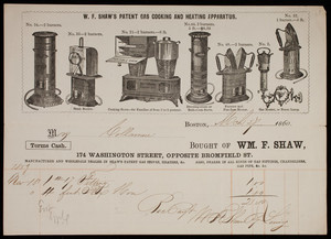 Billhead for W.F. Shaw's Patent Gas Cooking Heating Apparatus, stoves, 174 Washington St., opposite Bromfield Street, Boston., Mass., dated March 7, 1860