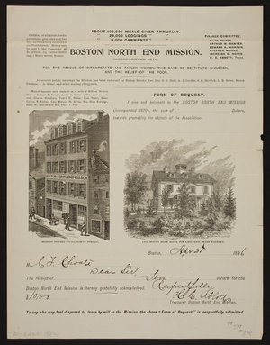 Letterhead for the Boston North End Mission, 201-205 North Street, Boston, Mass., dated April 28, 1896