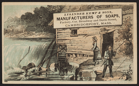 Trade card for Lysander Kemp & Sons, manufacturers of soaps, factory, corner of Broadway and Davis Street, Cambridgeport, Mass., undated