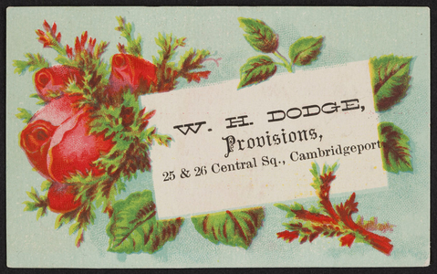 Trade card for W.H. Dodge, provisions, 25 & 26 Central Square, Cambridgeport, Mass., undated