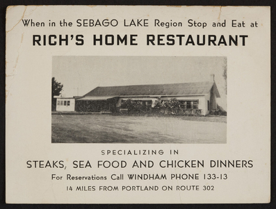 Trade card for Rich's Home Restaurant, Route 302, Portland, Maine, undated