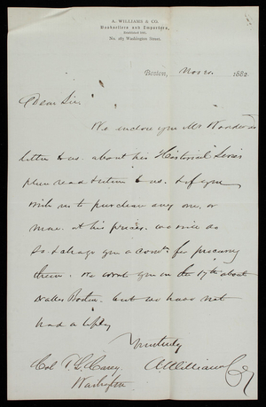 A. Williams to Thomas Lincoln Casey, November 21, 1882