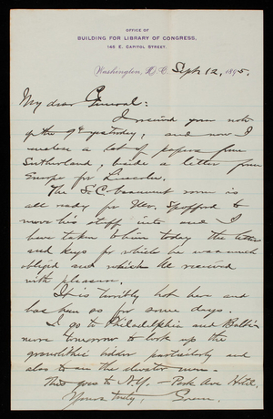 [Bernard R.] Green to Thomas Lincoln Casey, September 12, 1895