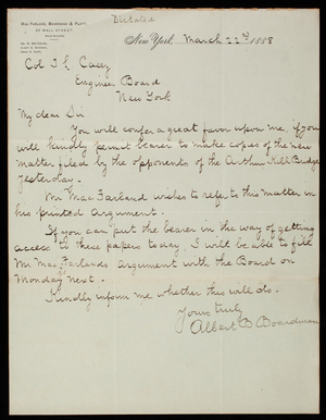 Albert B. Boardman to Thomas Lincoln Casey, March 22, 1888