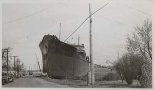 View of a ship run aground in Somerset, Massachusetts, after the New England Hurricane of 1938