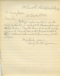 Letter from Benjamin Smith Lyman to Horace Jayne
