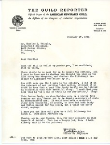 Letter from Wilbur H. Baldinger to Charles L. Whipple