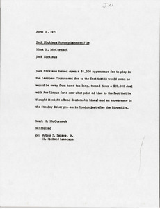 Memorandum from Mark H. McCormack to Jack Nicklaus accomplishment file