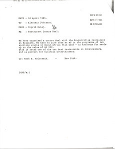 Fax from Ingrid Sutej to Alastair Johnston
