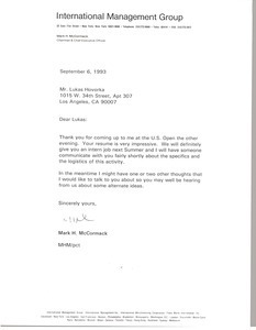 Letter from Mark H. McCormack to Lukas Hovorka