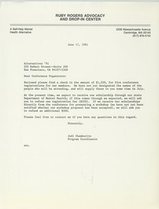 Letter from Judi Chamberlin to Alternatives '91