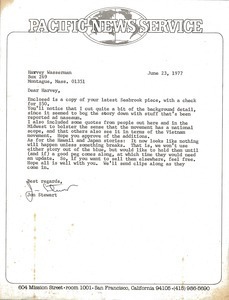 Letter from Pacific News Service to Harvey Wasserman