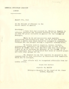 Circular letter from Imperial Ethiopian Legation in London to W. E. B. Du Bois